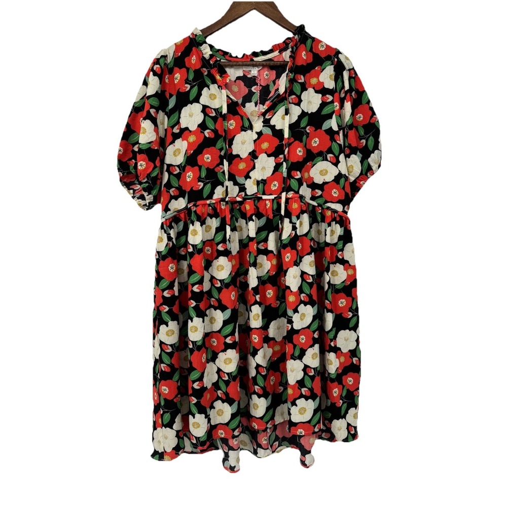 NWT Floral Puff Sleeve V-Neck Babydoll Dress Cottagecore Teacher Midi Multicolor